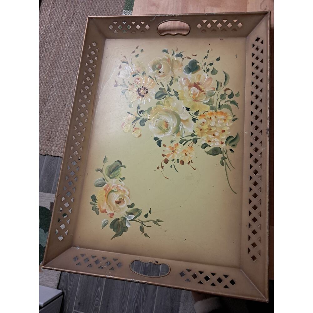 Vintage Toleware Nashco Products Hand Painted Floral Metal Tray
